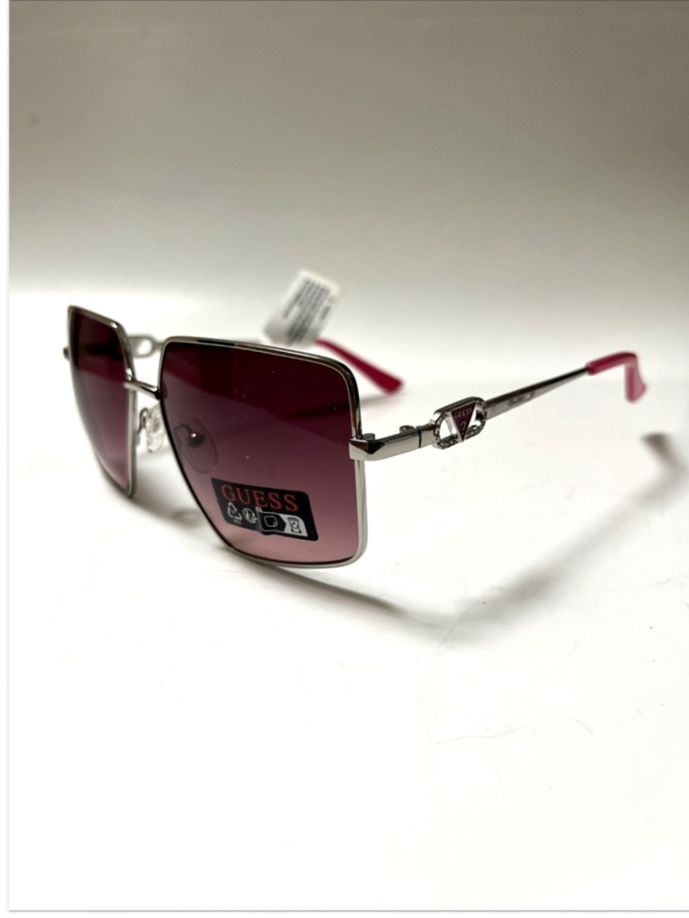 GUESS Oversized Square Sunglasses GO00104 Silver Metal Pink Lens Triangle Logo